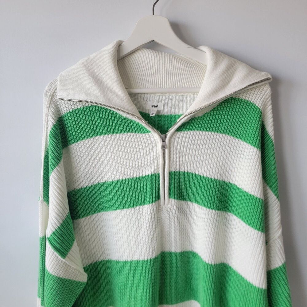 Aerie Womens Oversized Beyond Quarter Zip Sweater size M Polo Green Stripe - Picture 3 of 7